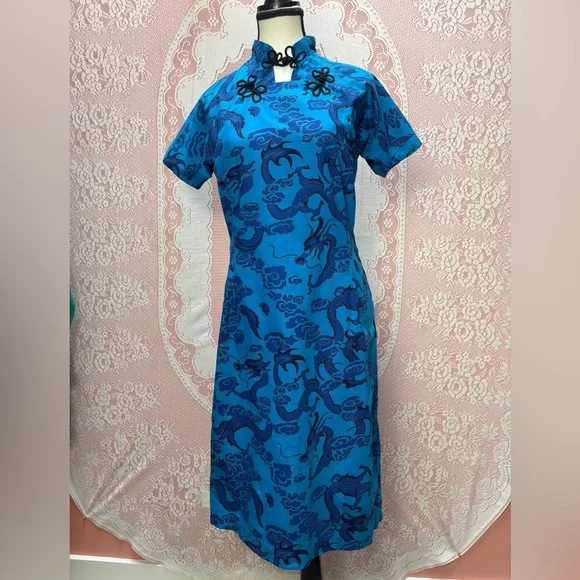 Vintage Blue Dragon Cheongsam Style Dress - Picture 1 of 8